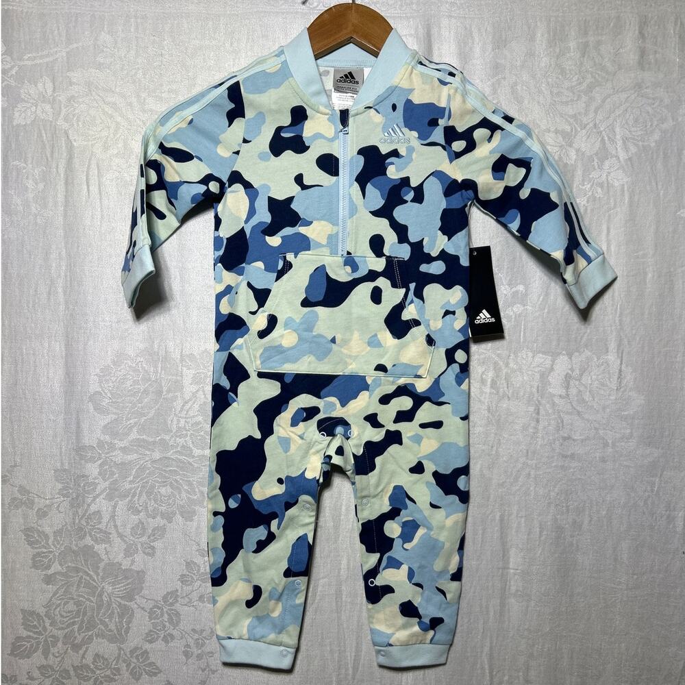 Adidas One Piece 24 Months Blue Camo NEW Zip Snap Kangaroo Pocket